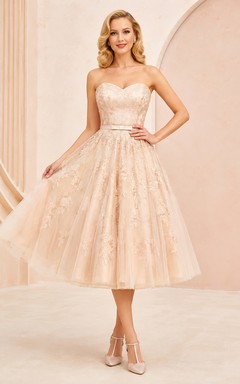 Champagne Strapless Sweetheart Beaded Lace Tulle Vintage A-Line Prom Dress