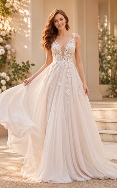 Robe de mariée sans manches en tulle fleuri à col en V et coupe trapèze, dos nu et traîne courte