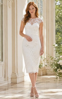 White Bateau Cap Sleeve Lace Illusion Bodycon Tea-Length Engagement Dress
