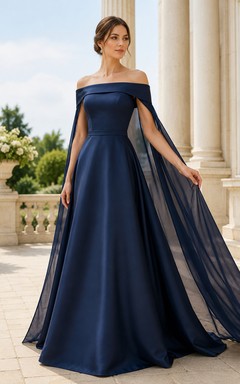 Robe de soirée bleu marine foncé en satin et tulle, coupe trapèze, épaules dénudées, longueur au sol