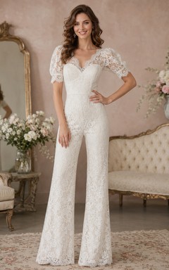 Vintage Allover Lace Bridal Jumpsuit Sweetheart Bodice Short Sleeves Flared Legs