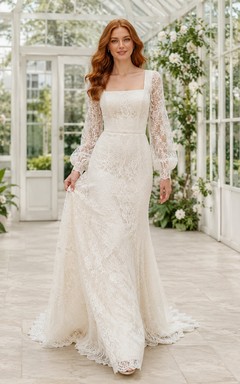 Modest Square Neck Lace Wedding Sheath Long Sleeve Chapel Train