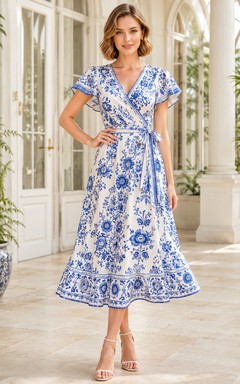 Robe midi portefeuille à col en V en porcelaine bleue