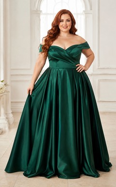 Vestido de gala de talla grande con hombros descubiertos, satén verde oscuro, vestido formal