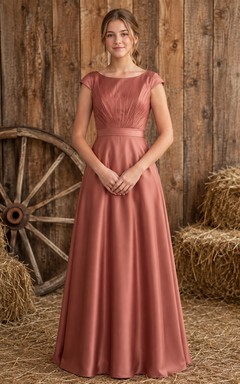 Vintage-Brautjungfernkleid in Mauve, A-Linie, U-Boot-Ausschnitt, kurze Flügelärmel, Falten, romantisch