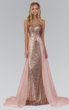 Sheath Long Jewel-Neck Sleeveless Sequins Watteau Train Illusion Dress With Beading