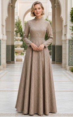 Taupe High Neck Long Sleeve Jacquard Modest Maxi Dress