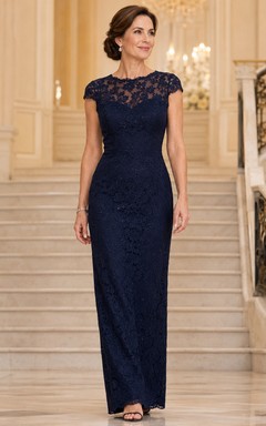 Vestido formal azul marino de encaje transparente con mangas cortas para madres