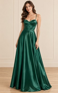 1990s Dark Green Sweetheart Spaghetti Strap Satin A-line Prom Dress