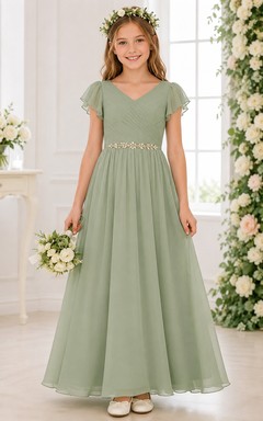 Sage A-Line Tulle Flower Girl Dress with Bow Sash