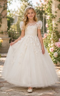 Lace Bodice Tulle A-Line Flower Girl Dress with Short Sleeves, Jewel Neck and Tea-Length Skirt