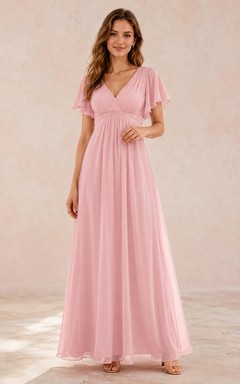 Pearl Pink Empire V-Neck Flutter Sleeve Chiffon A-Line Guest Gown