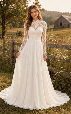 Vestido de novia de encaje campestre, corte A, escote en V, manga larga, cola de capilla.
