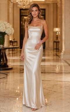 Ivory Spaghetti Strap Satin Sheath Formal Dress