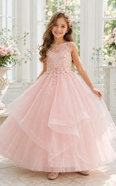 Full Tulle Ball Gown Flower Girl Dress with Short Sleeves, Jewel Neck and Floor-Length Skirt