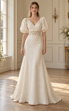 Robe de mariée sirène en lin, col V, manches bouffantes, taille en dentelle