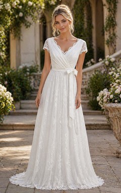 A Line Garden Cap Short Sleeve Wedding Dress