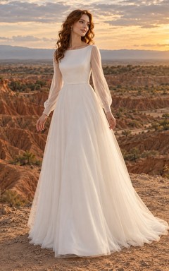 Vestido de novia de tul de manga larga con escote barco, corpiño y cola en línea A.