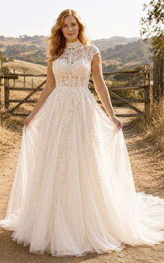 Country Tulle Wedding Dress A-Line Spaghetti Strap Chapel Train Bridal Gown