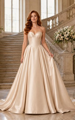 Vestido de novia minimalista de satén, estilo princesa, sin tirantes, escote corazón, cola de corte.
