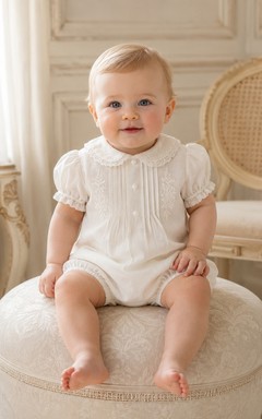 Grenouillère de baptême à manches bouffantes et col à volants en dentelle ivoire pour bébé garçon