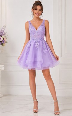 Cute Lilac Lace V-Neck Tulle Mini Homecoming Dress