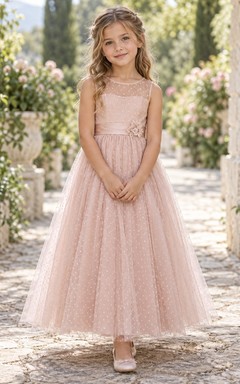 Modest Pearl Pink Ankle-length Sleeveless Illusion Floral Waist Dotted Tulle Flower Girl Dress