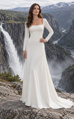 Vestido de novia sencillo de crepé con escote cuadrado, manga larga, corte en A, falda lisa y cola.