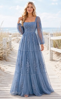 Boho Long Sleeve Square Neck Blue Lace A-Line Floor-Length Gown