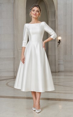 Petite Bateau Three-Quarter Sleeve Satin A-Line Tea-Length Wedding Dress