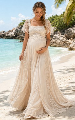Boho-Umstandshochzeitskleid mit eckigem Ausschnitt, flatternden Ärmeln und Spitze/Tüll – Strandkleid