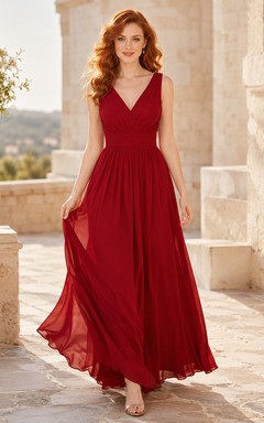 Vestido de noche de gasa roja con escote en V y corte en A