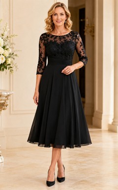 Elegante vestido negro de gasa con encaje y escote barco de tres cuartos hasta la rodilla para madres.