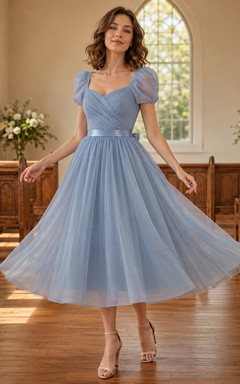 Blaues Tüllkleid mit Puffärmeln, Schleife in der Taille und Blumenmädchenkleid