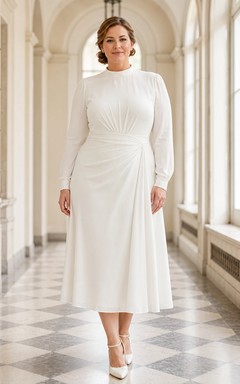 Plus Size High Neck Long Sleeve Jersey Sheath Tea-Length Wedding Dress