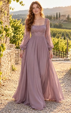 Boho Mauve Long Sleeve Square Neck Lace Chiffon Bridesmaid Dress