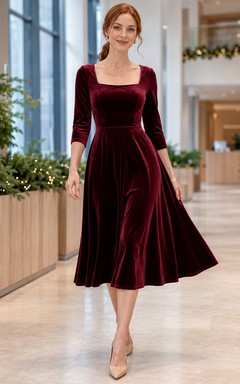 Burgundy Velvet Square Neck A Line Office Party Dress