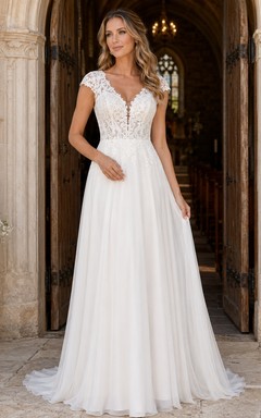 A-Linien-Brautkleid mit kurzen Ärmeln, Spitzenoberteil und Tüll