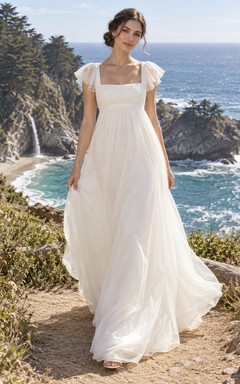 Vestido de novia sencillo de organza fruncida, largo hasta el suelo, con escote cuadrado, manga corta y corte imperio.