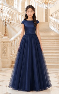 Dunkelblaues Brautjungfernkleid im A-Linien-Stil mit Schmucksteinen, kurzen Flügelärmeln, elegant