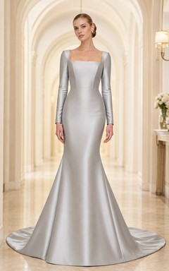 Robe de mariée sirène en satin gris argenté à col carré et manches longues, coupe modeste