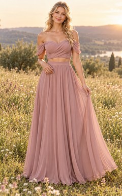 Conjunto de dos piezas de vestido de dama de honor de gasa color malva con hombros descubiertos, estilo bohemio.