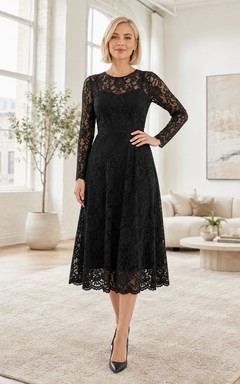 Black Elegant Romantic V-Neck Long-Sleeve Lace A-Line Tea-Length Formal Dress