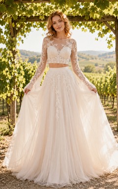 Boho-Zweiteiler-Hochzeitskleid aus Spitze und Tüll in A-Linie mit langen Ärmeln