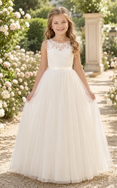 Lace Bodice Tulle A-Line Flower Girl Dress with Short Sleeves, Jewel Neck and Tea-Length Skirt