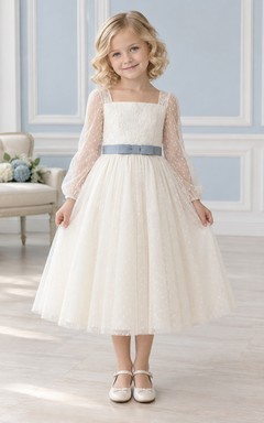 Tea-length Long Sleeve Square Neck Ivory A-line Lace Tulle Blue-sash Flower Girl Dress
