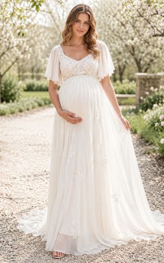 Vestido de novia de jardín con escote en V y mangas cortas de encaje para embarazadas