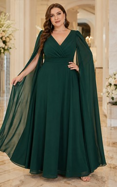 Vestido de invitada de talla grande, largo hasta el suelo, de gasa, con cuello en V, color verde oscuro.