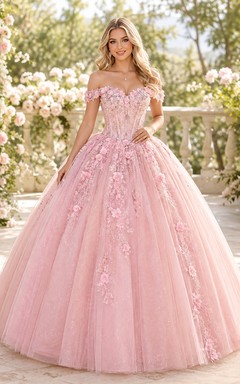 Vestido de gala largo hasta el suelo de tul con apliques florales y hombros descubiertos, color rosa rubor, estilo princesa, ideal para quinceañeras, graduaciones y eventos formales.