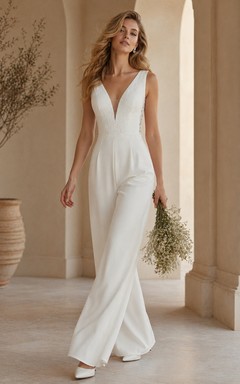 Combinaison de mariée minimaliste et élégante avec corsage en dentelle à col en V et pantalon large en crêpe